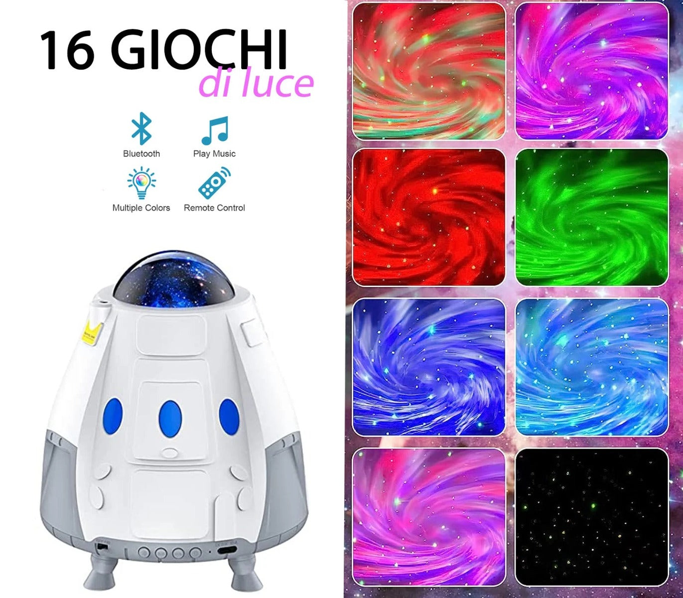Proiettore LED Capsula Spaziale - Cielo Stellato, Cassa Bluetooth e Rumore Bianco